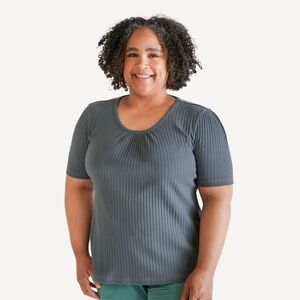 NWT M Kate Quinn womens short puff sleeve scoop neck top slate blue classic rib